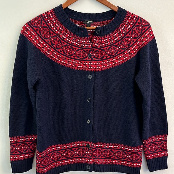 Talbots Button Down Cardigan Sweater Fair Isle Print Lambswool Blend SZ LP Soft - Picture 1 of 8